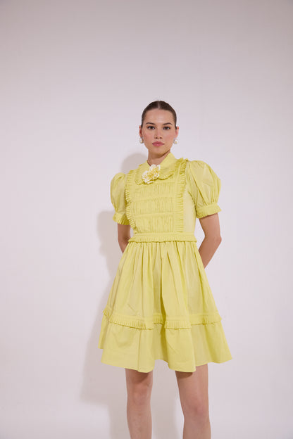 Puff Sleeve Ruffle Mini Dress With Mounted Flower - Yellow