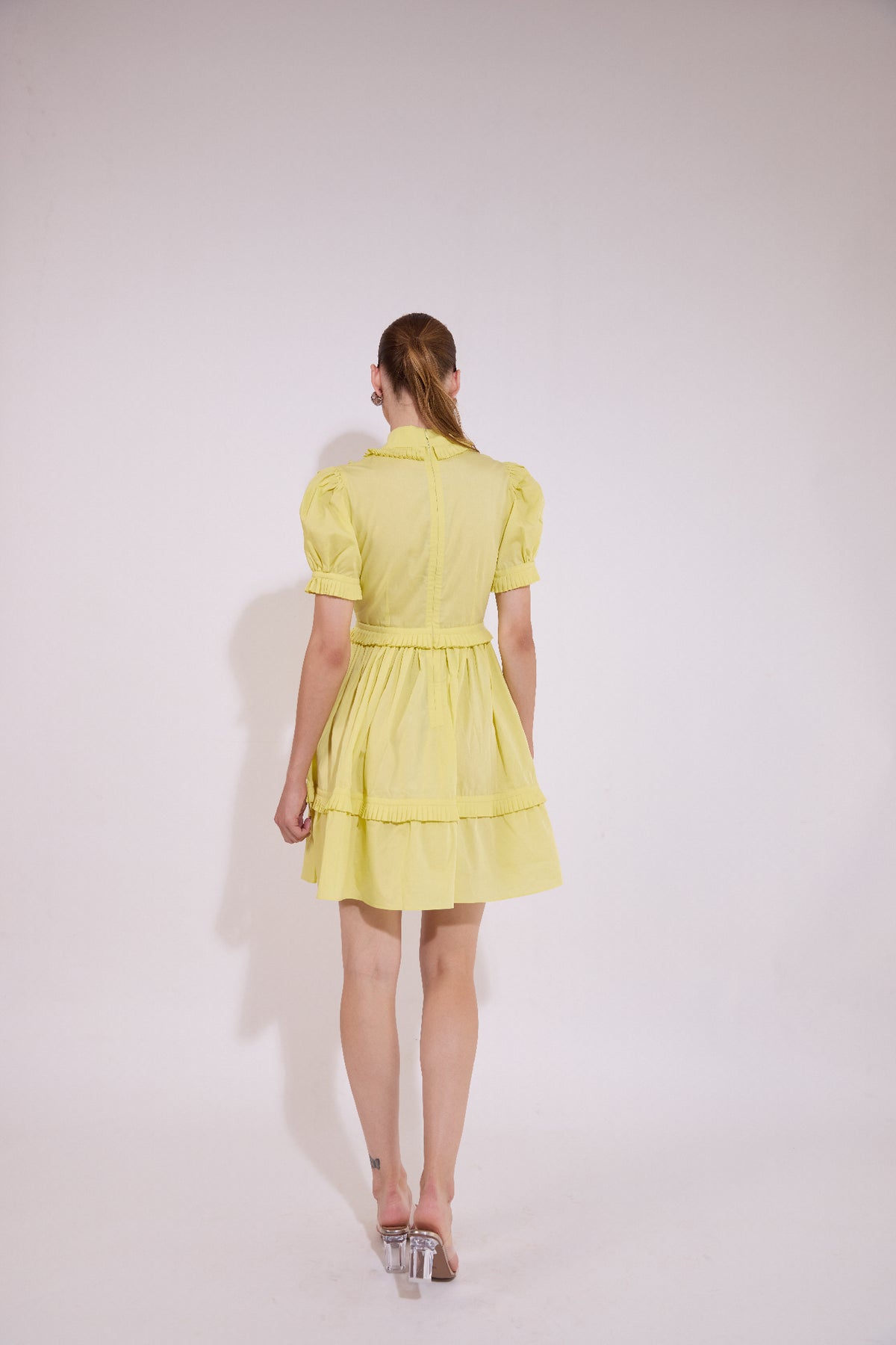 Puff Sleeve Ruffle Mini Dress With Mounted Flower - Yellow