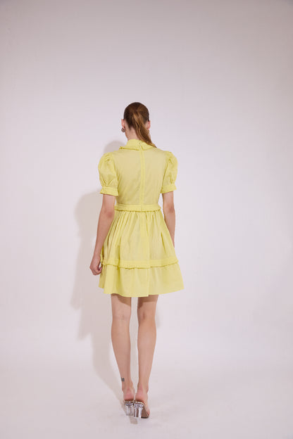 Puff Sleeve Ruffle Mini Dress With Mounted Flower - Yellow