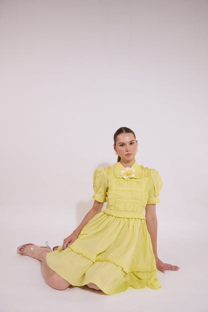 Butter Yellow Tiered Flare Dress With Embellished Flower