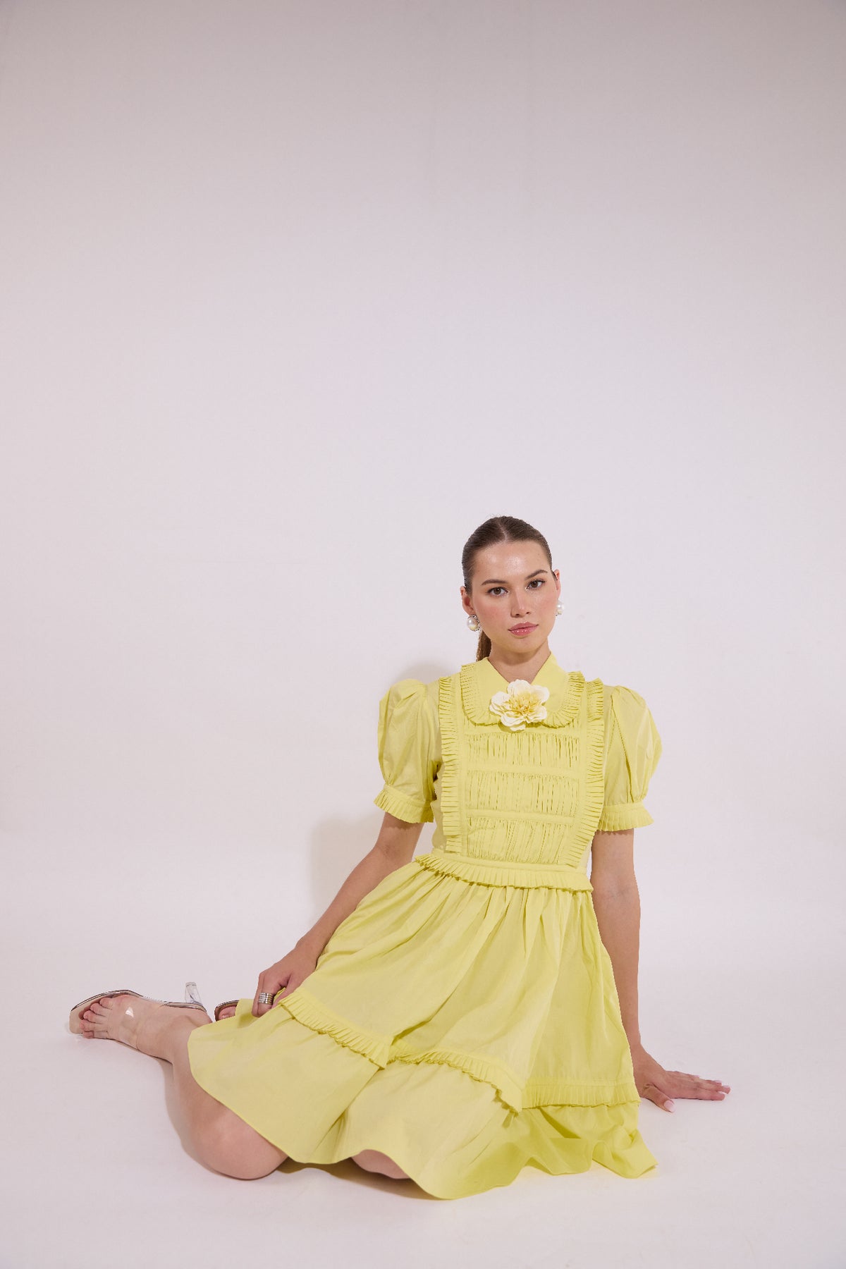 Puff Sleeve Ruffle Mini Dress With Mounted Flower - Yellow