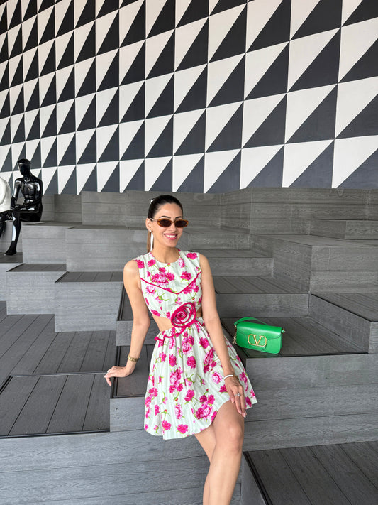 Rosette Cut-out Fit And Flare Mini Dress