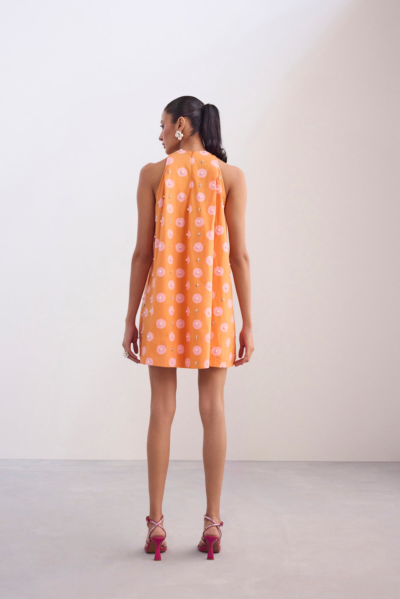 Pearl Neckpiece Mini Halter Polka Dress
