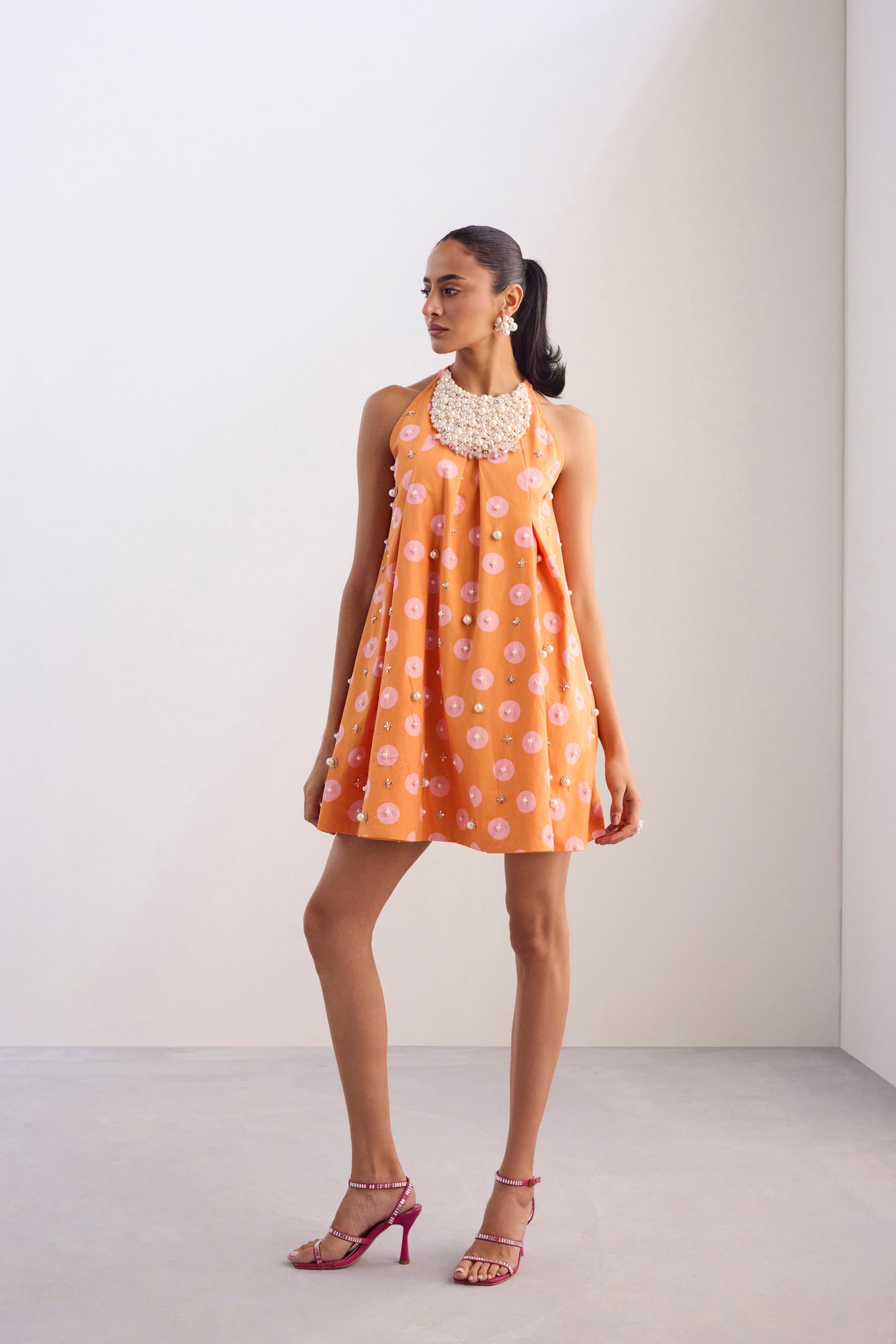 Pearl Neckpiece Mini Halter Polka Dress