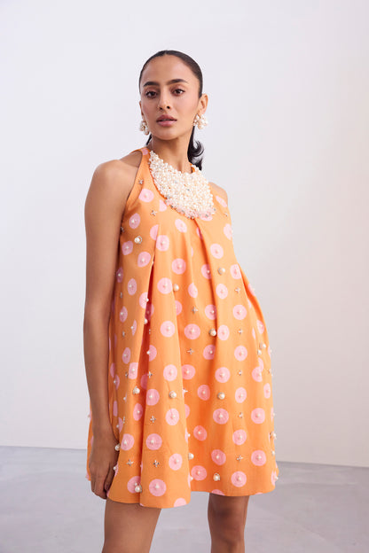 Pearl Neckpiece Mini Halter Polka Dress
