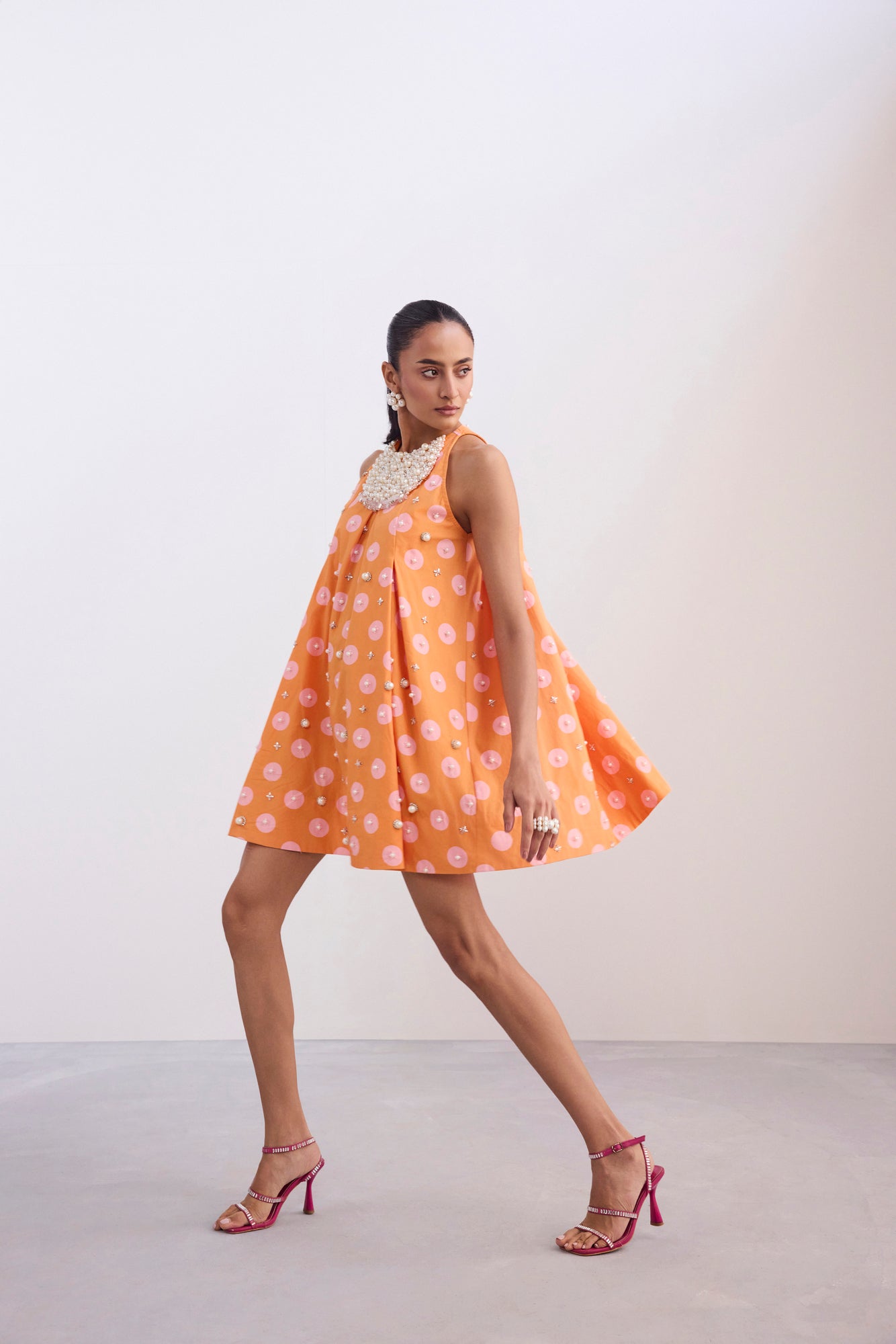 Pearl Neckpiece Mini Halter Polka Dress