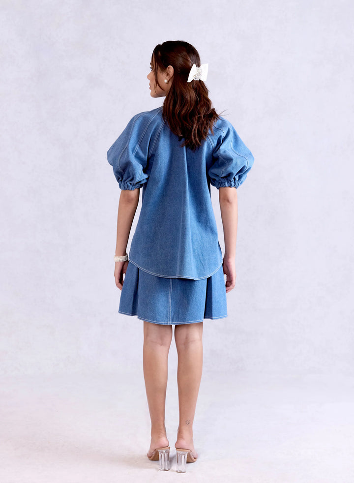 Bow Tie Lantern Denim Shirt & Box Pleat Denim Skirt