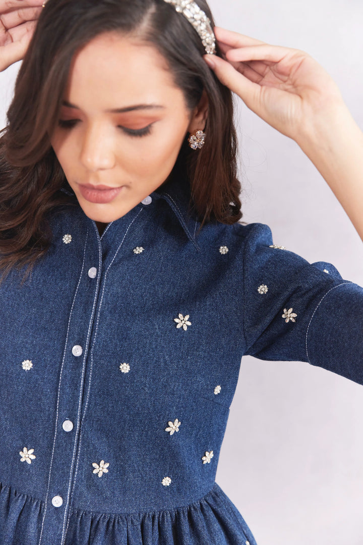 Fit And Flare Embellished Denim Dress
