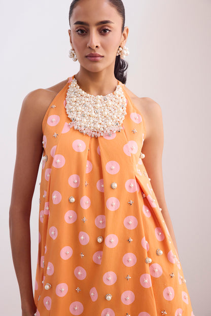 Pearl Neckpiece Mini Halter Polka Dress