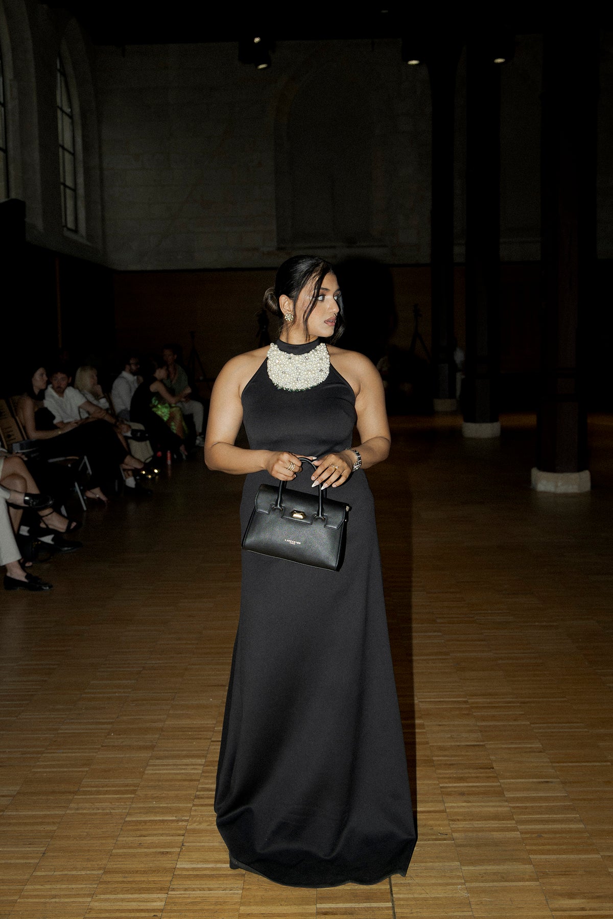 Pearl Neckpiece Long Scuba Halter Dress With Long Bow