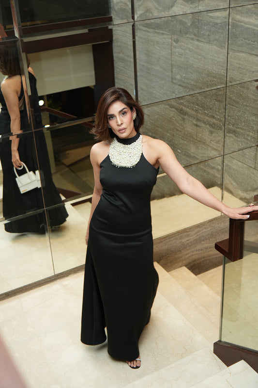 Pearl Neckpiece Long Scuba Halter Dress With Long Bow