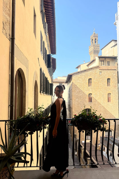 Pearl Neckpiece Long Scuba Halter Dress With Long Bow