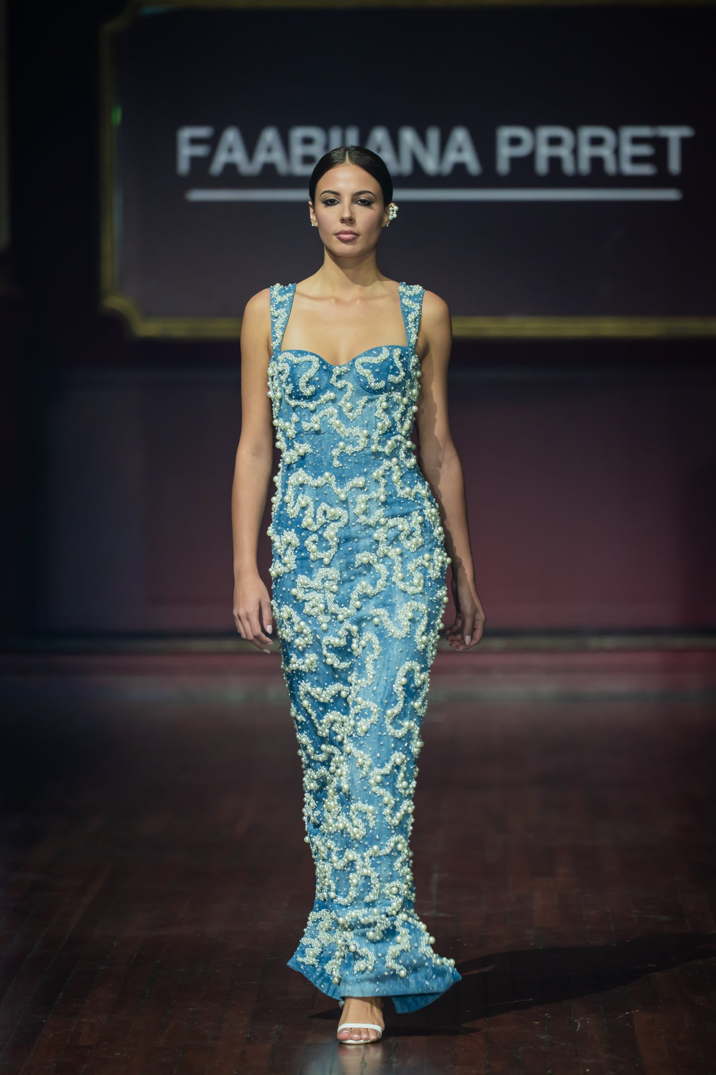 Pearl Embroidered Denim Fitted Sweetheart Neckline Dress