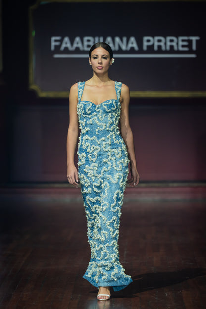 Pearl Embroidered Denim Fitted Sweetheart Neckline Dress