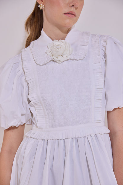 White Sleeve Ruffle Mini Dress With Mounted Flower