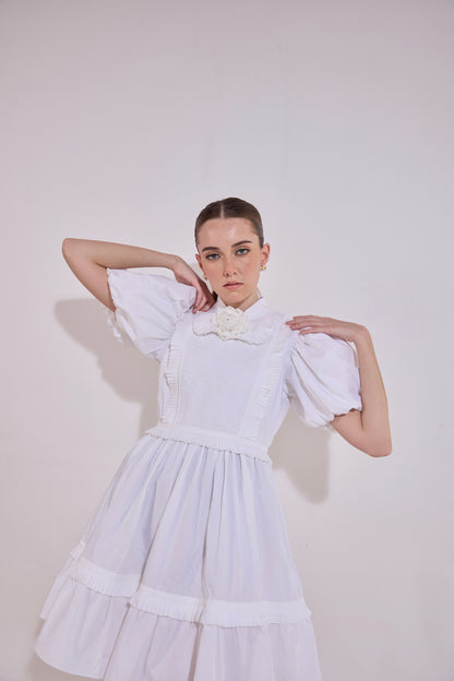 White Sleeve Ruffle Mini Dress With Mounted Flower