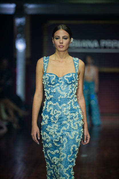Pearl Embroidered Denim Fitted Sweetheart Neckline Dress