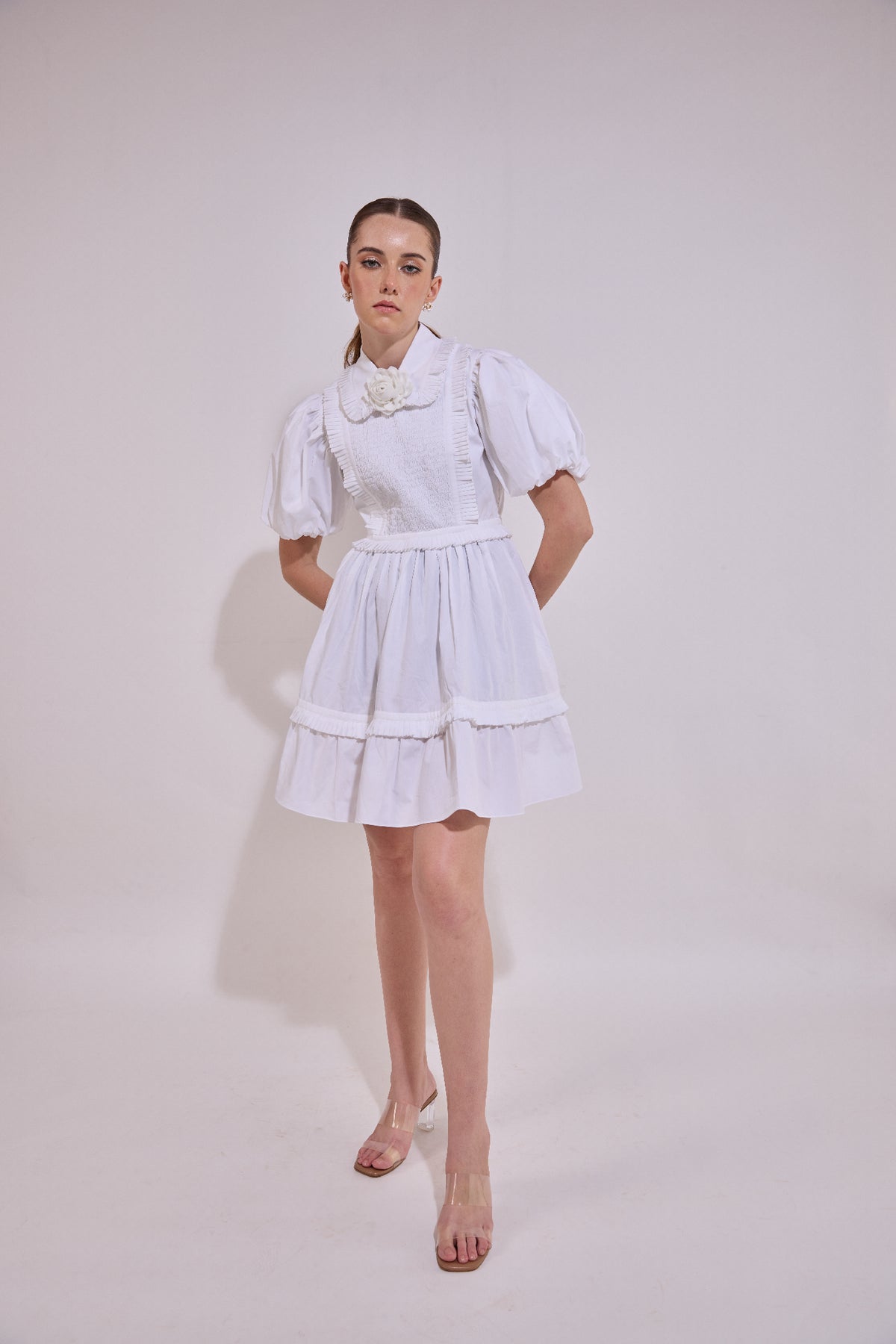 White Sleeve Ruffle Mini Dress With Mounted Flower