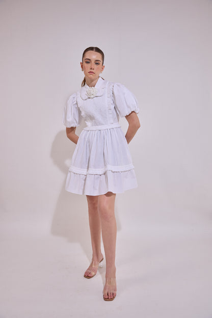 White Sleeve Ruffle Mini Dress With Mounted Flower
