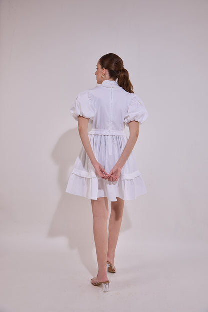 White Sleeve Ruffle Mini Dress With Mounted Flower