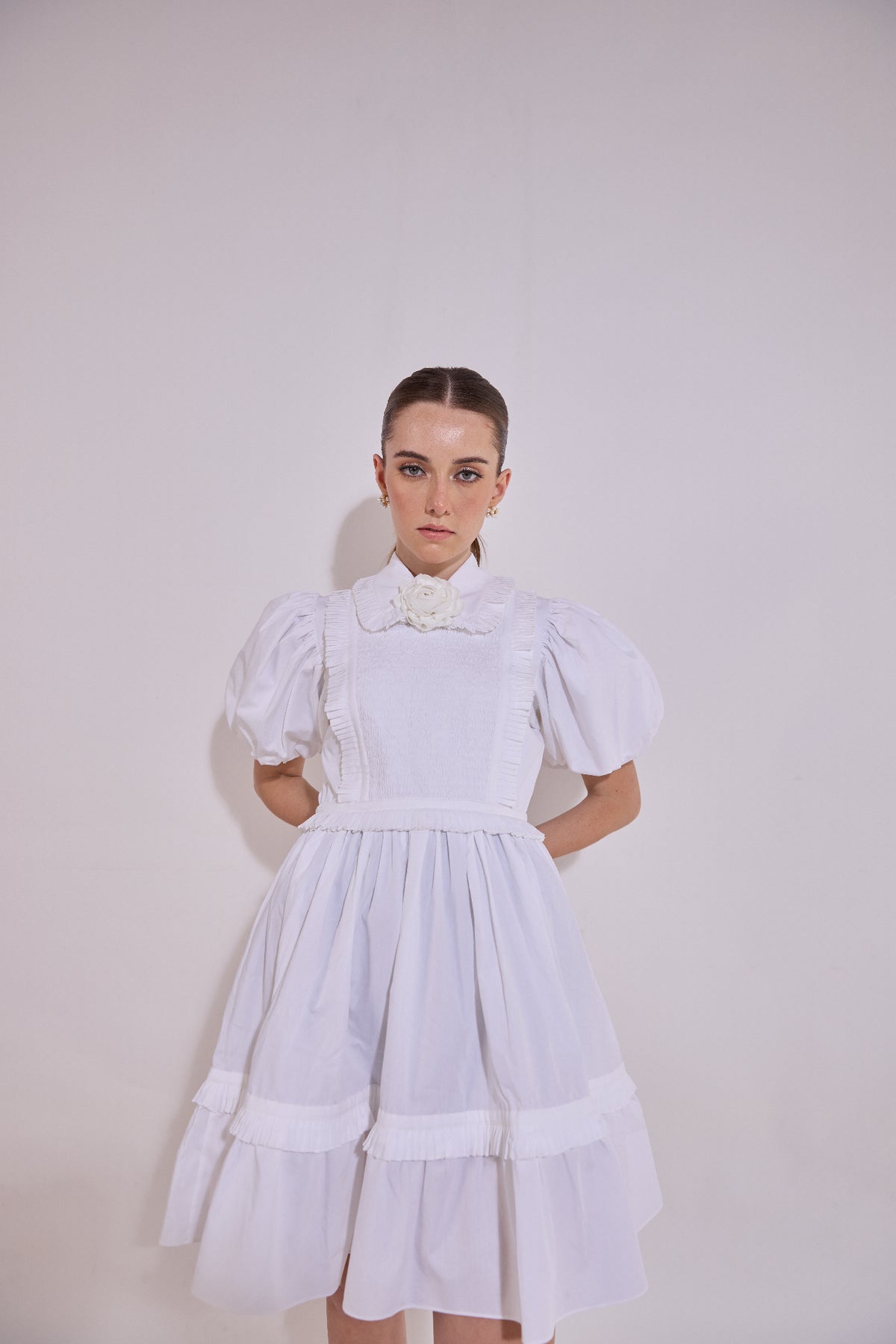 White Sleeve Ruffle Mini Dress With Mounted Flower