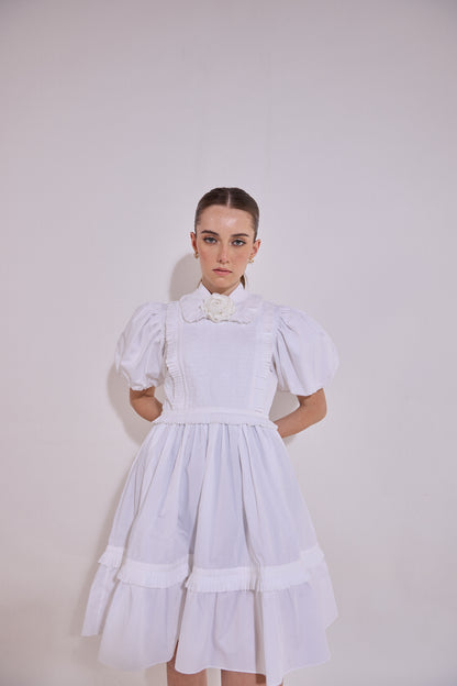 White Sleeve Ruffle Mini Dress With Mounted Flower