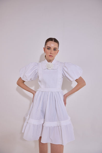 White Sleeve Ruffle Mini Dress With Mounted Flower