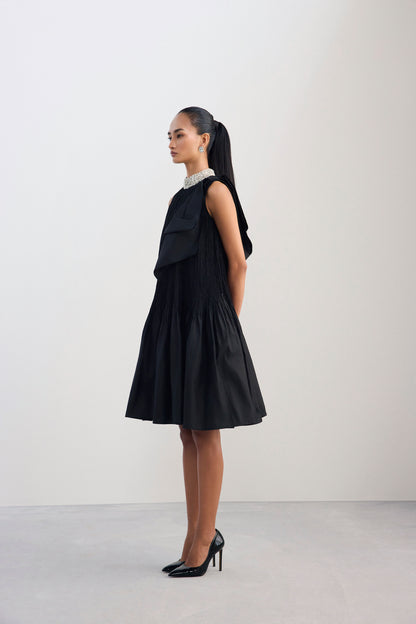 Black Crush Silk Dress With Embellished Neckline