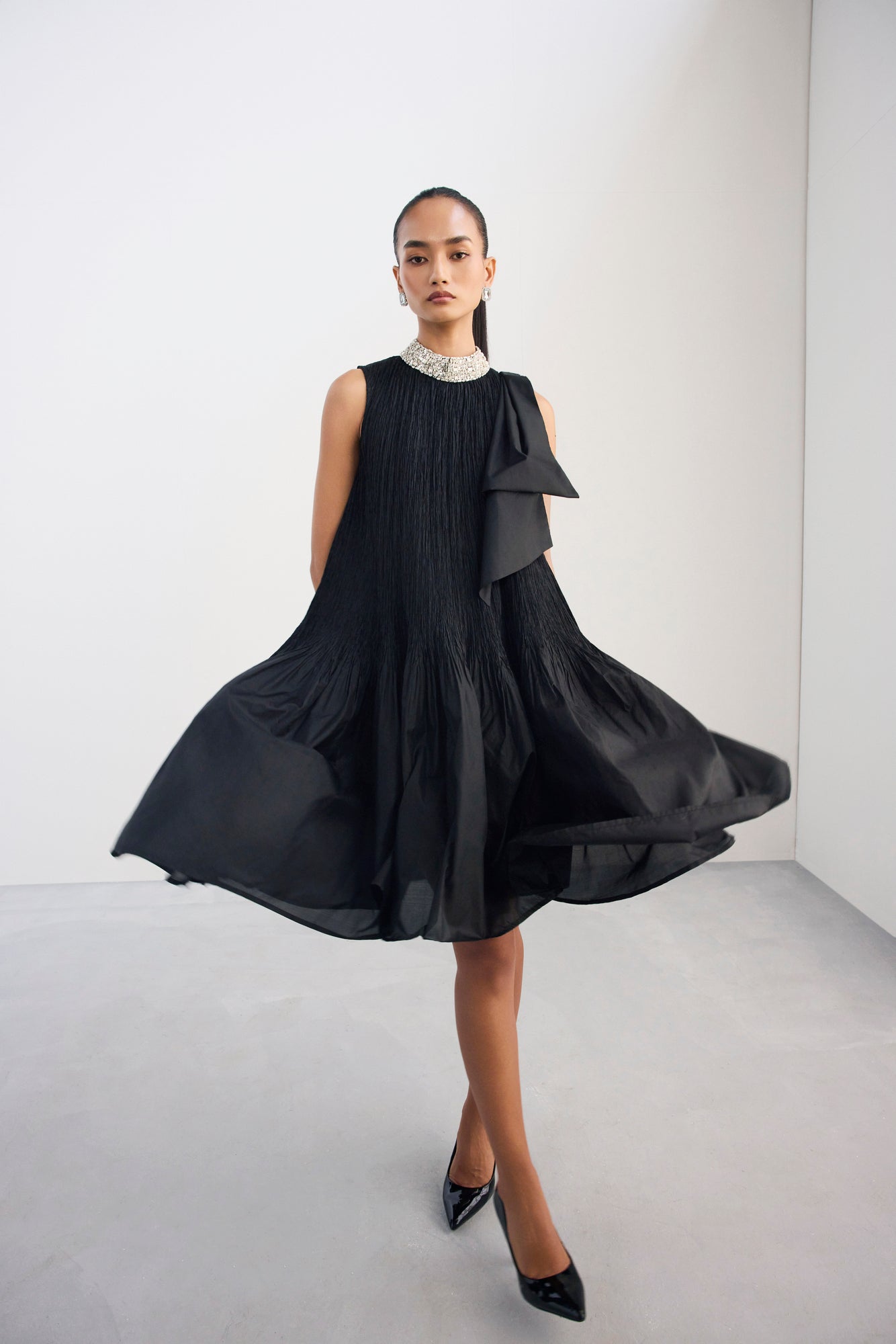Black Crush Silk Dress With Embellished Neckline
