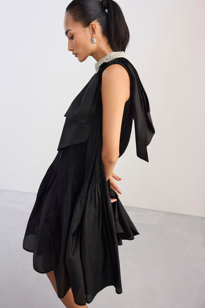 Black Crush Silk Dress With Embellished Neckline