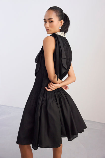 Black Crush Silk Dress With Embellished Neckline