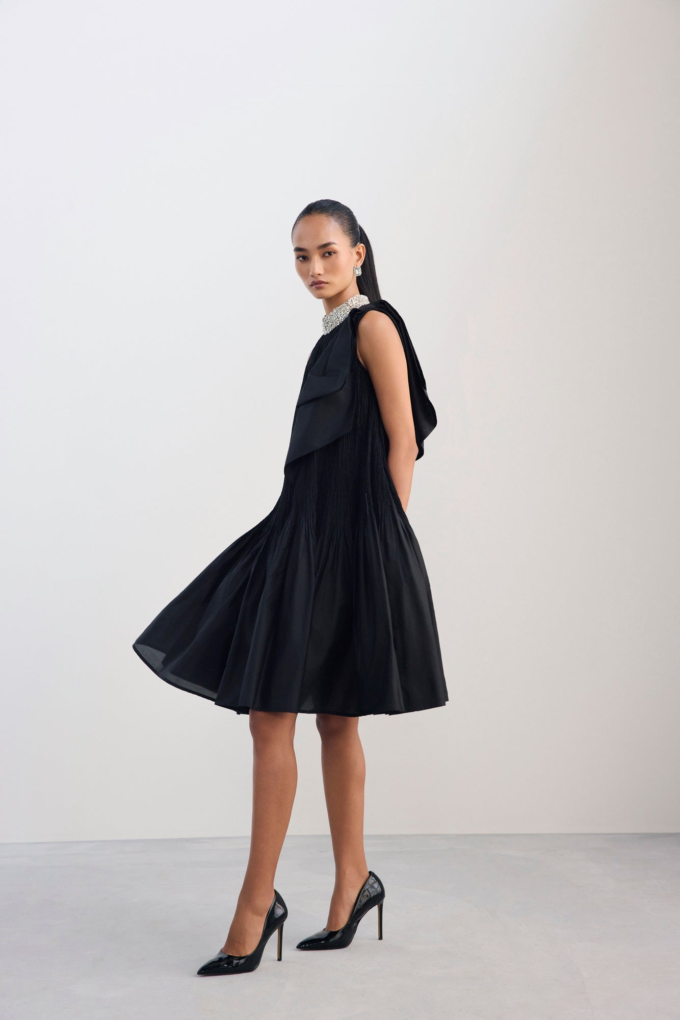 Black Crush Silk Dress With Embellished Neckline