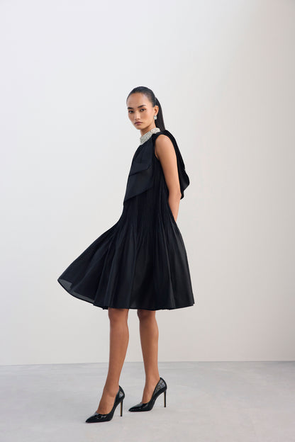 Black Crush Silk Dress With Embellished Neckline