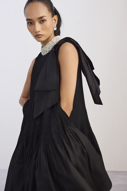Black Crush Silk Dress With Embellished Neckline