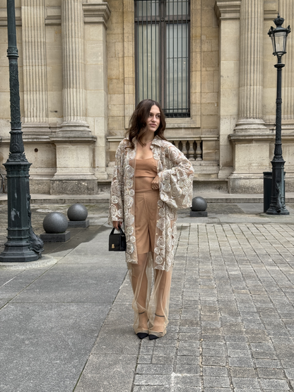 PEACH EMBELLISHED SILVER ROSE WORK JACKET PAIRED WITH BUSTIER AND SHORTS