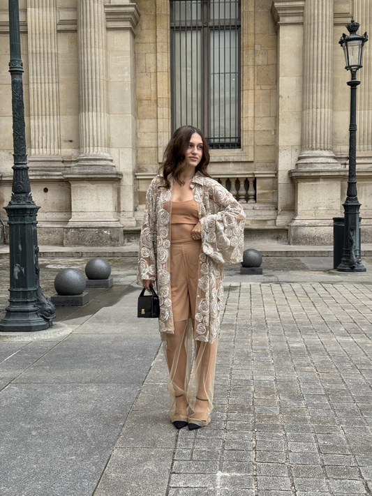 PEACH EMBELLISHED SILVER ROSE WORK JACKET PAIRED WITH BUSTIER AND SHORTS