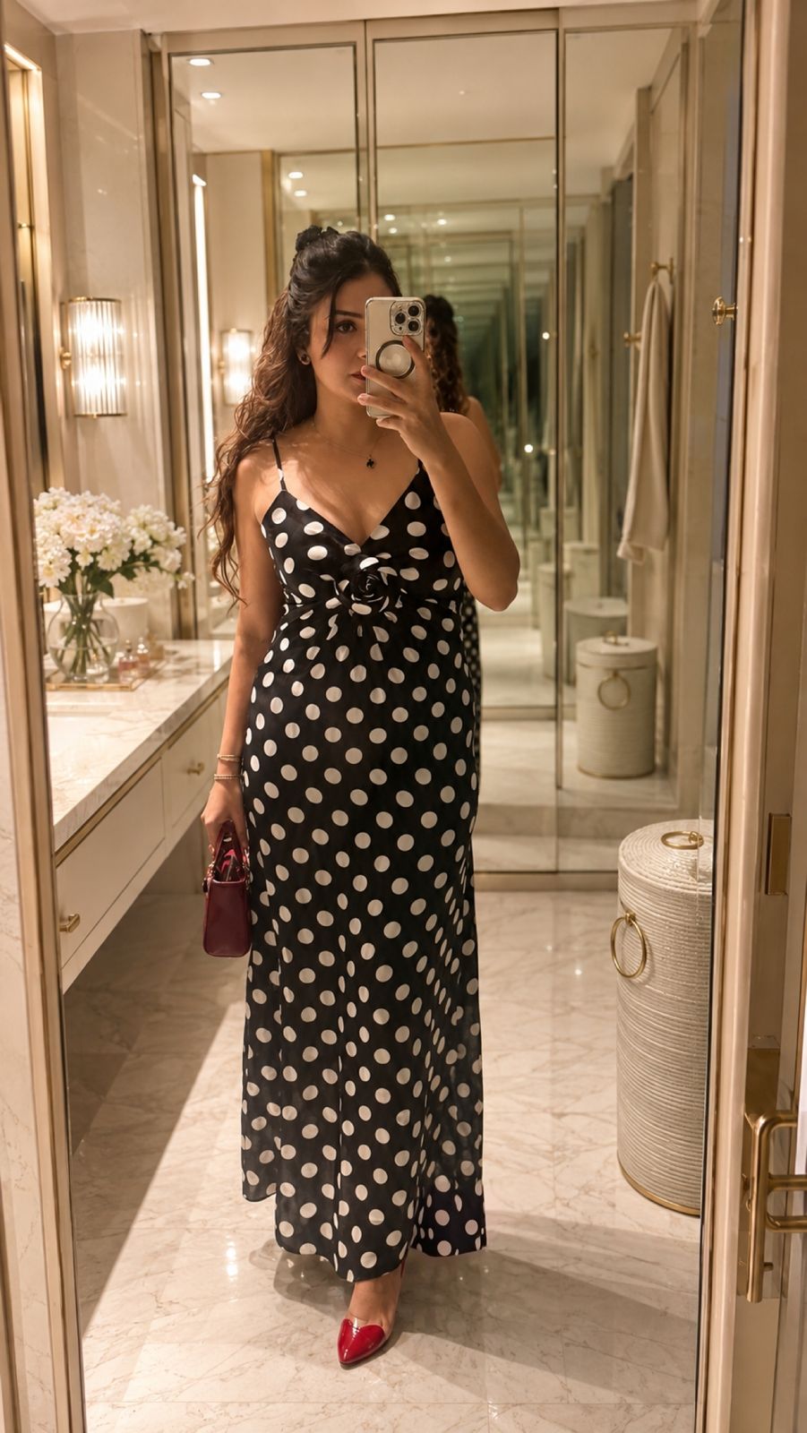 Polka Satin Maxi Dress With Flower And Spaghetti Straps