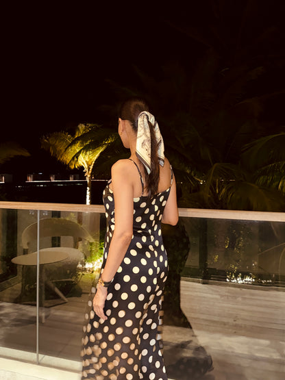 Polka Satin Maxi Dress With Flower And Spaghetti Straps