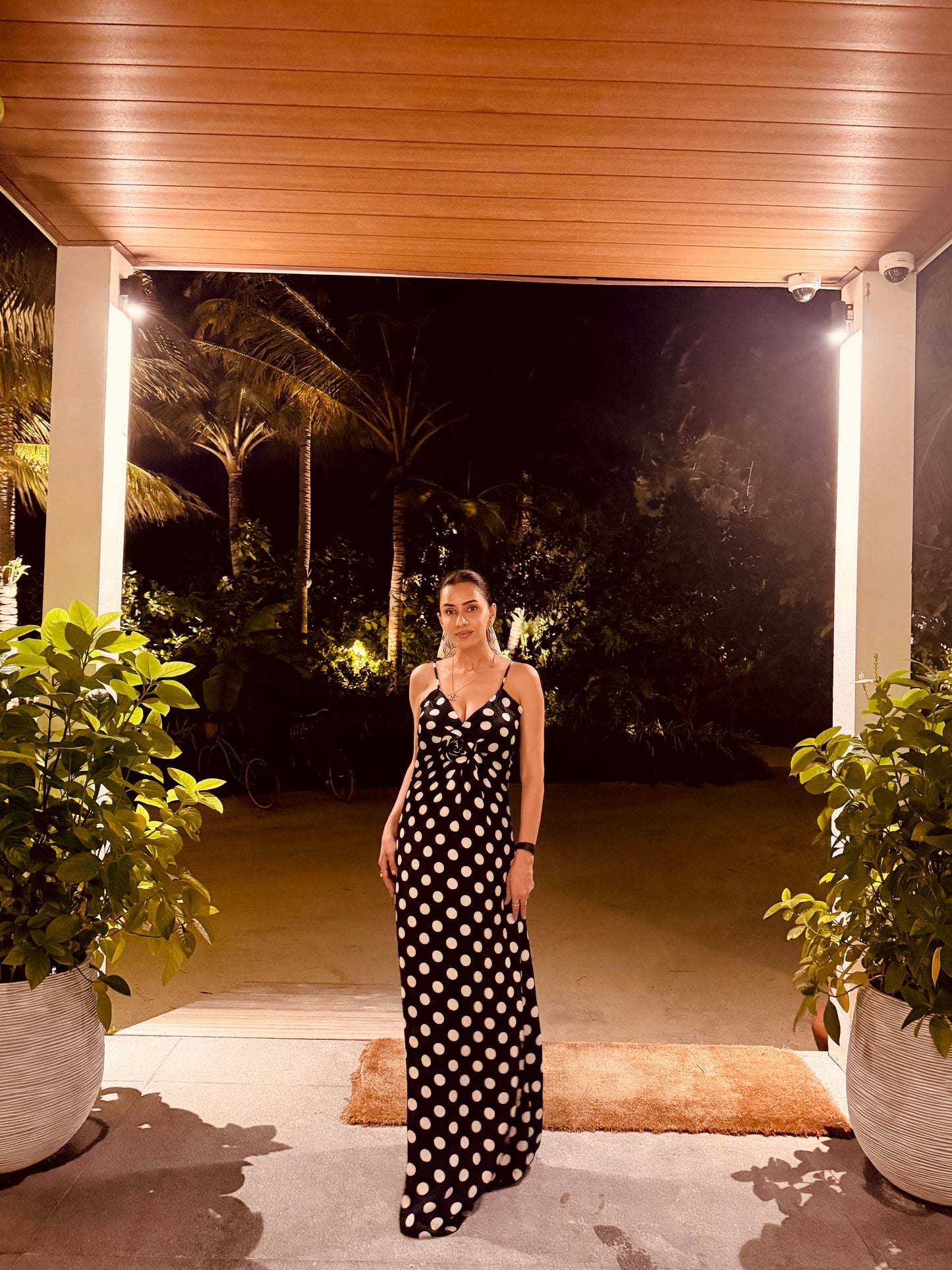 Polka Satin Maxi Dress With Flower And Spaghetti Straps