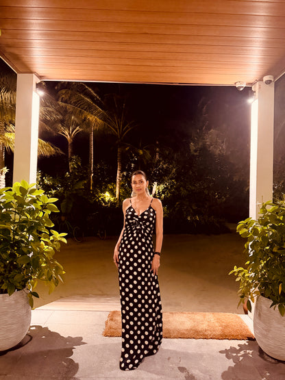 Polka Satin Maxi Dress With Flower And Spaghetti Straps