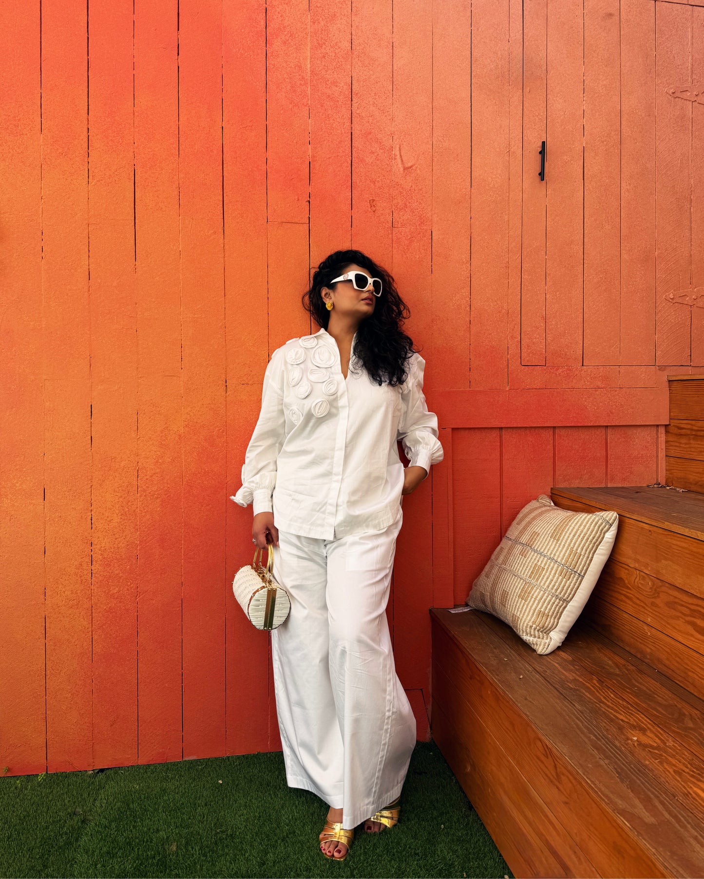 White Shirt With Multiple Roses Paired With Pants