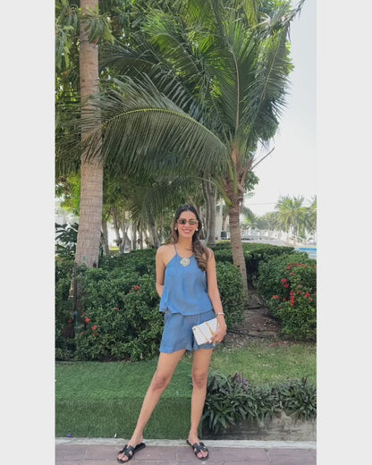 Jewelled Rose Halter Neck Top And Mini Pocket Shorts