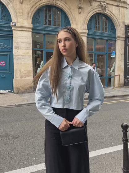 Crop Poplin Shirt With Pearl Flower Buttons