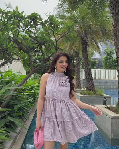 Lavender Tiered Flare Dress With Embellished Flower