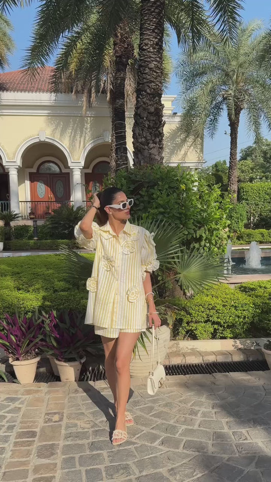 Yellow And White Seersucker Ombre Stripe Flower Shirt Paired With Pocket Shorts